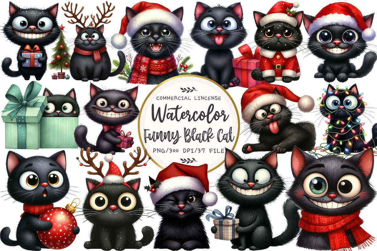 Christmas Funny Black Cat Clipart, an Illustration by OK Design (Photo 1 of 5)