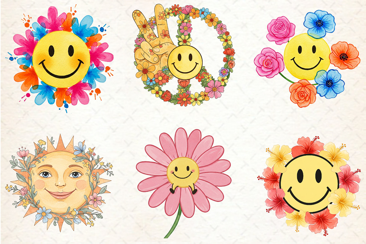 Retro Happy Face Floral Clipart Bund, an Illustration by Rose Art (Photo 2 of 3)