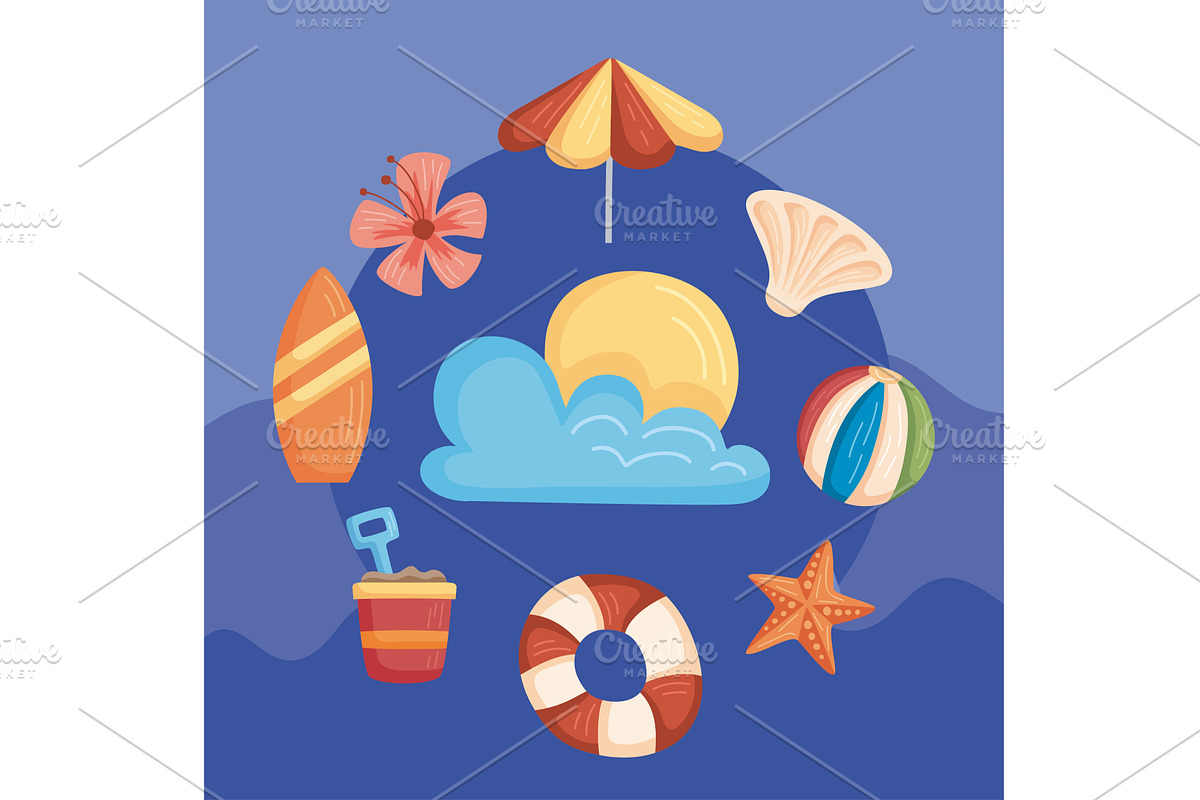 beach vacations set icons, an Illustration by studiogstock