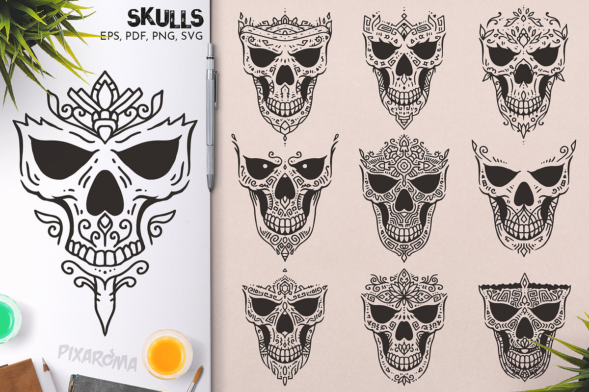 100 Decorative Vector Skulls, a Decorative Illustration by pixaroma (Photo 12 of 37)