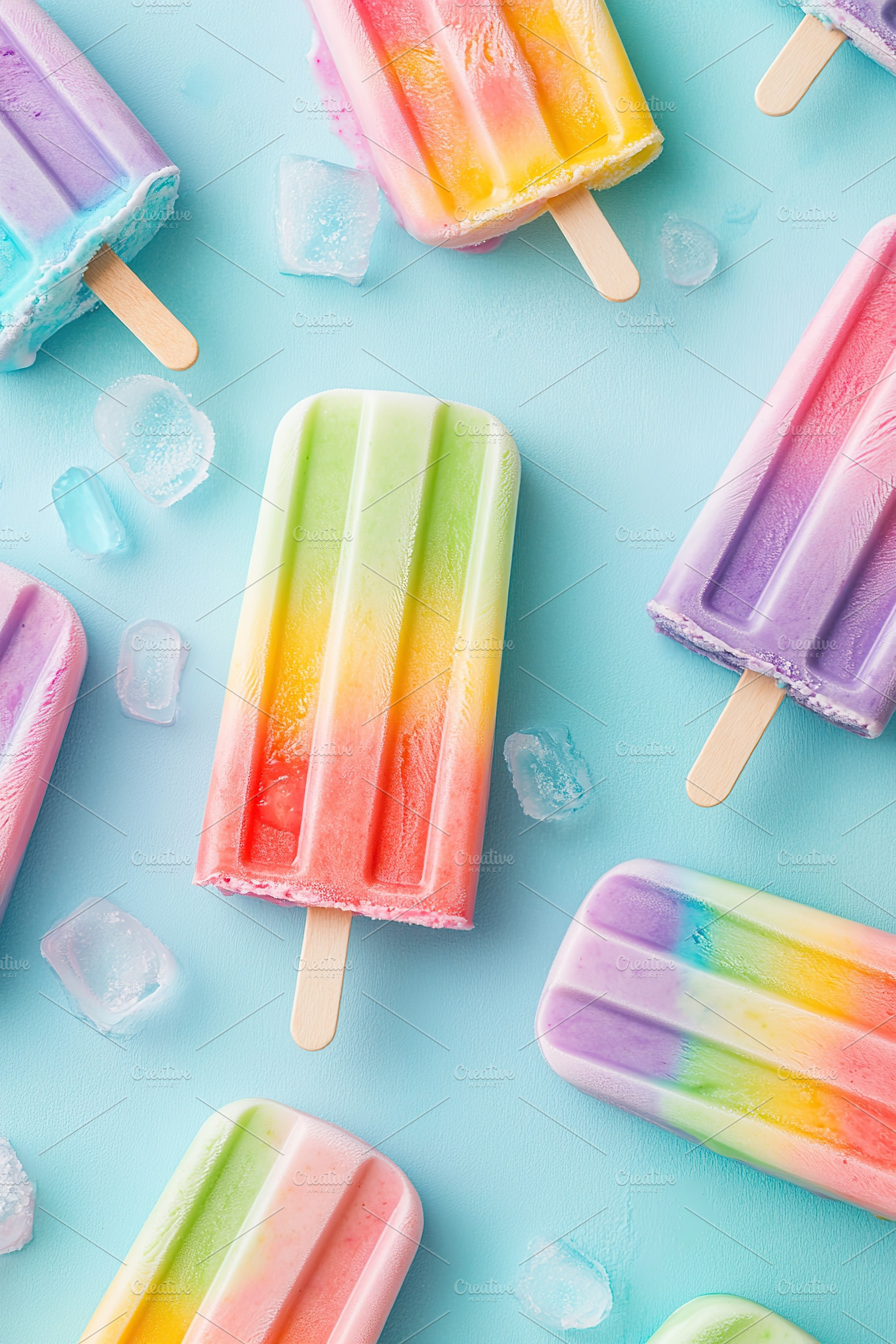 Colorful rainbow ice cream arranged on a light blue background with ice cubes, a Food & Drink Photo by AlyaAnd