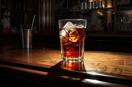 A glass of whiskey with ice on a woo, a Photo by Iftikhar Alam