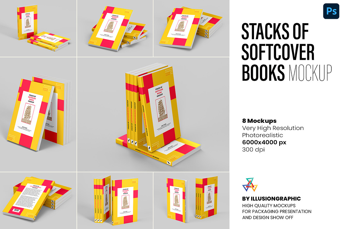 Stacks of Softcover Books Mockup, a Books & Magazine Mockup by Illusiongraphic (Photo 1 of 19)