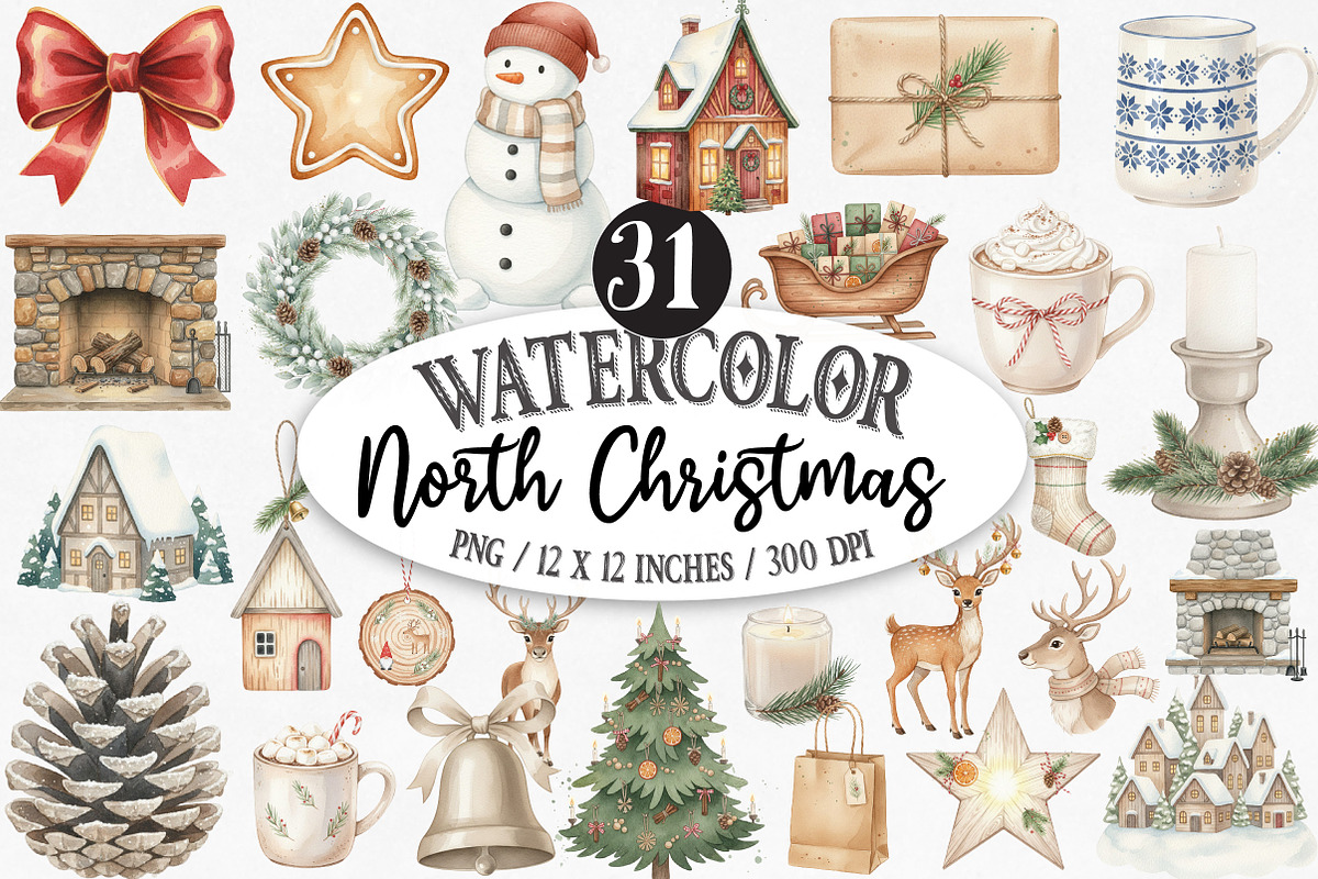 North Christmas Watercolor Clipart, an Illustration by Designking (Photo 1 of 5)