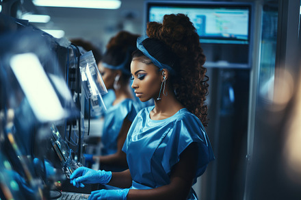 Dark skinned african american woman in blue uniform and protecti, a Person Photo by AS photostudio