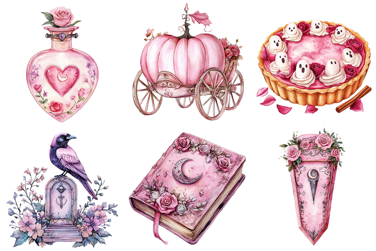 Watercolor Pink Halloween Clipart, a Seasonal Illustration by CitraGraphics (Photo 5 of 7)