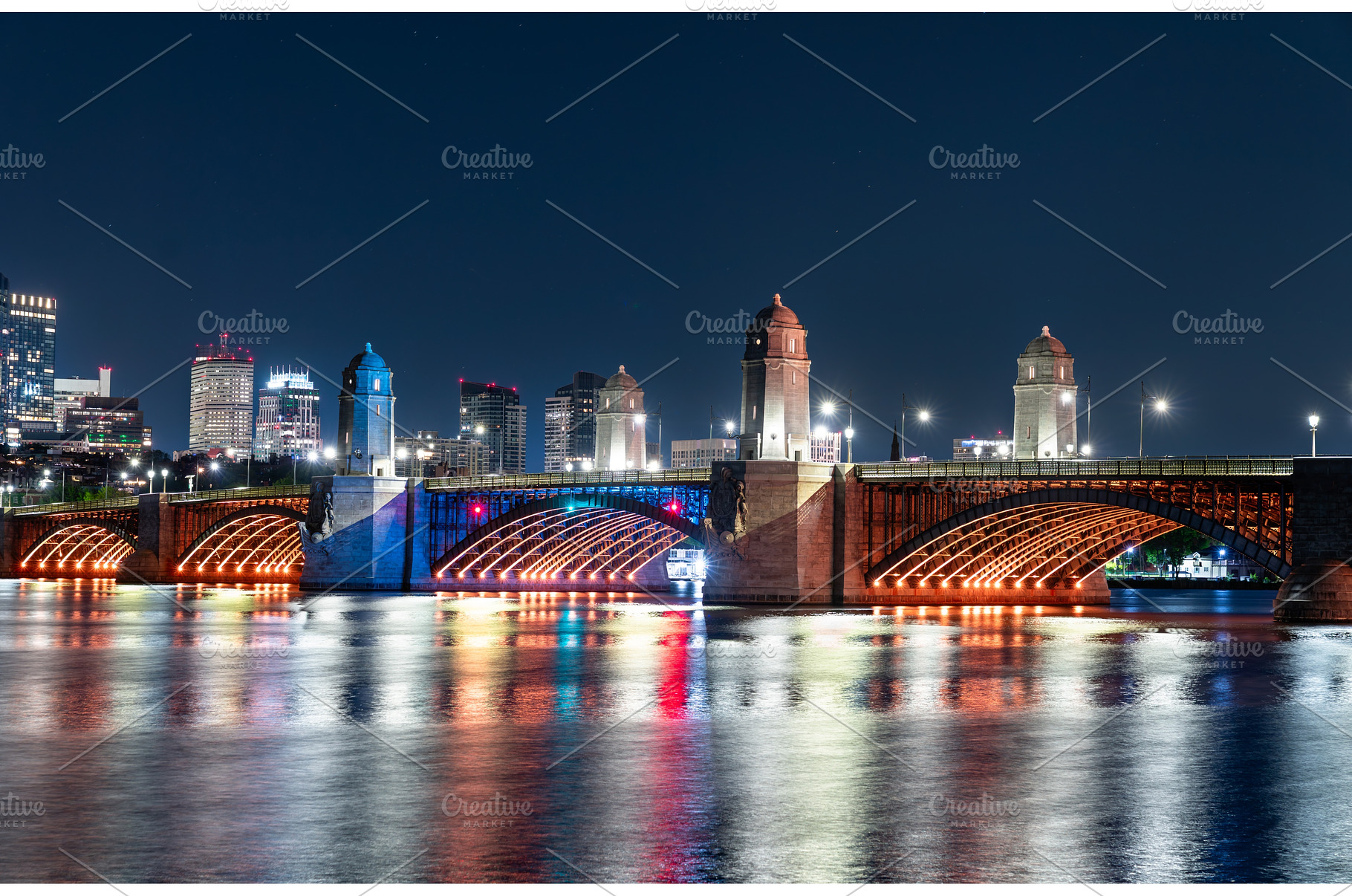 Longfellow Bridge illuminated at, an Architecture Photo by Leonid Andronov