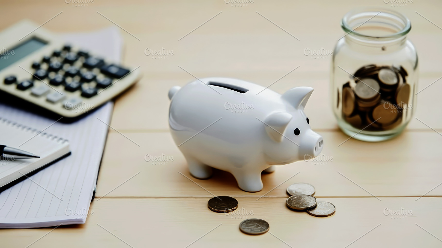 White piggy bank with coins, noteboo, a Business Photo by Perpis