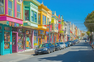 Storefronts brighten charming street, a Photo by Pavel_design