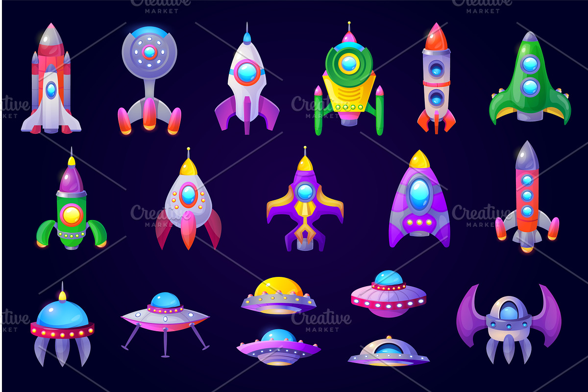 Game spaceships. Cartoon spacecraft, a Technology Illustration by Stock-Smart-Start