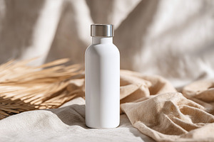 Metal bottle mockup on neutral fabric with natural elements for product present, a Photo by AlyaAnd