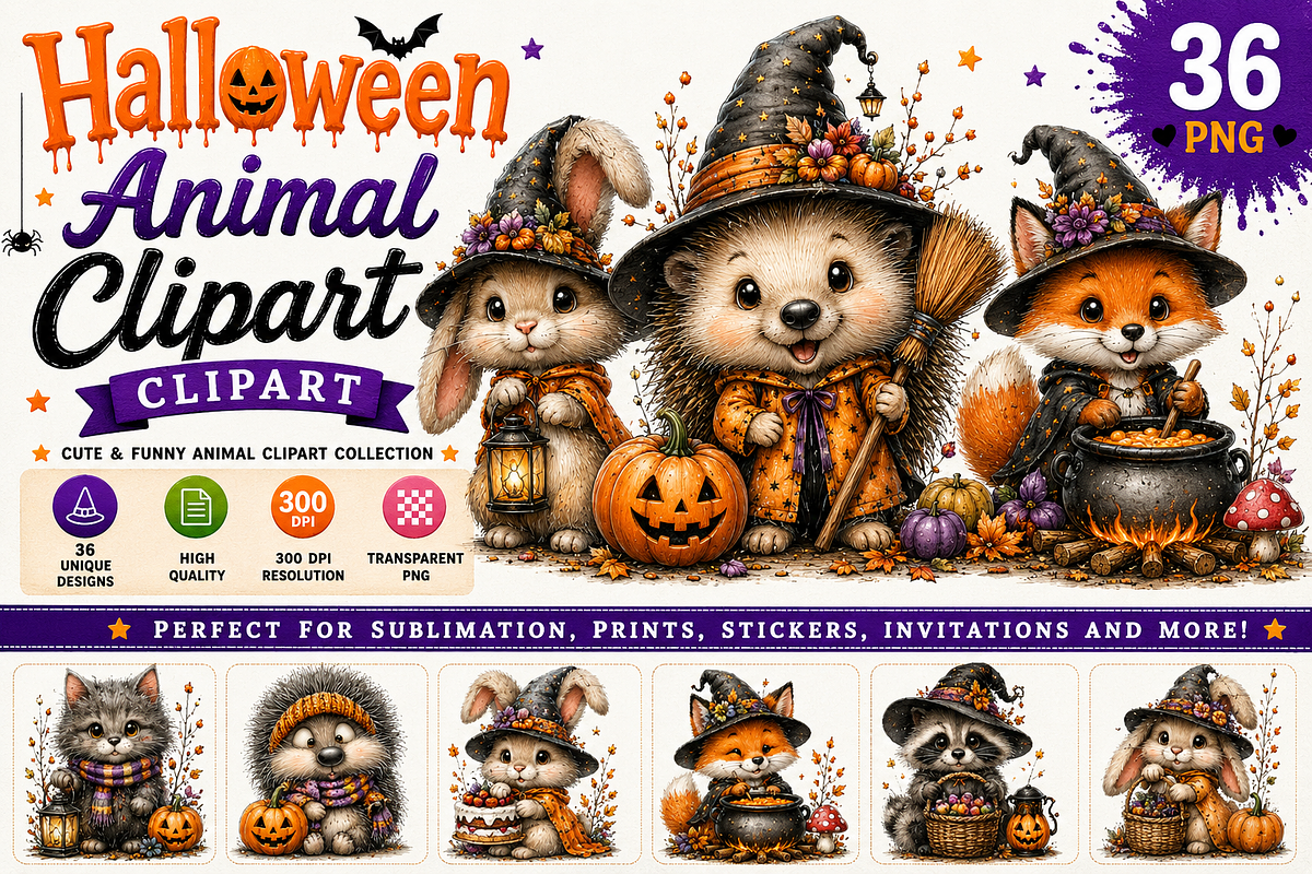 Cute Halloween Animal PNG Bundle, a Seasonal Illustration by fashionaddict (Photo 1 of 7)