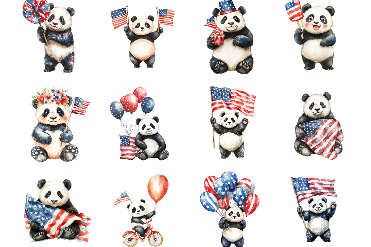 4th of July Panda Watercolor, an Illustration by Designking (Photo 2 of 5)