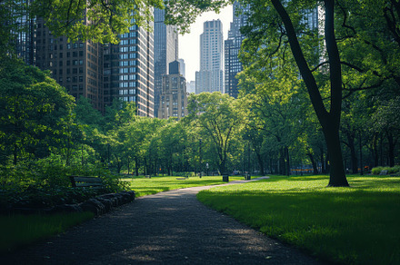 Sunlight filters through trees in an, a Photo by Tanuart