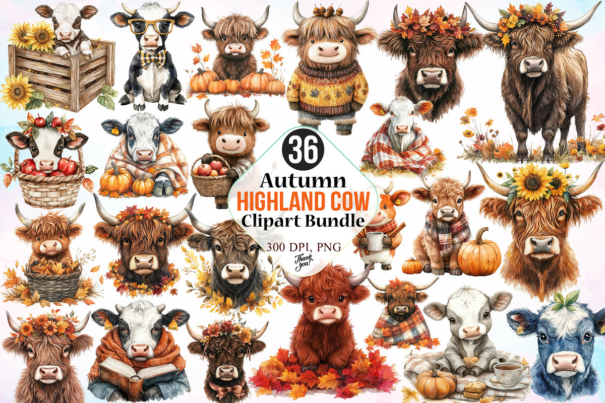 Autumn Highland Cow Clipart Bundle, a Seasonal Illustration by Canvas Craft (Photo 1 of 8)