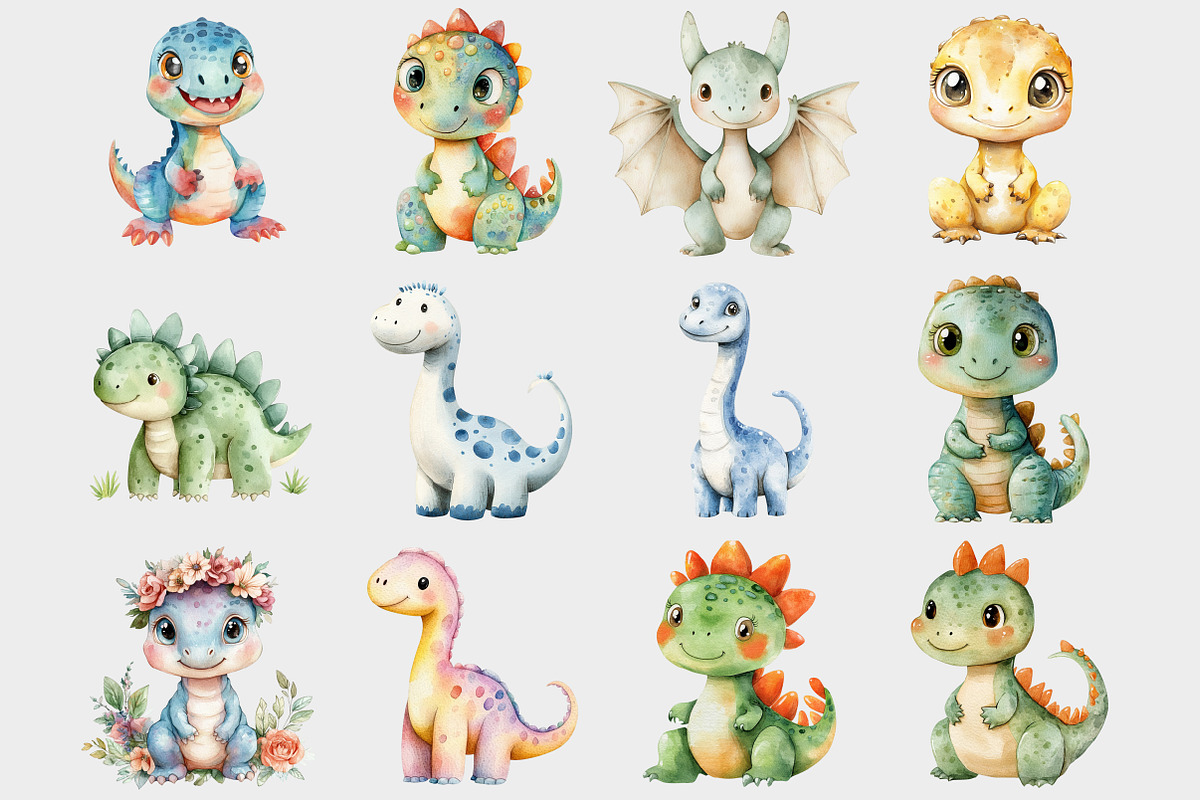 Watercolor Cute Dino Clipart, a Seasonal Illustration by Design Market (Photo 2 of 5)