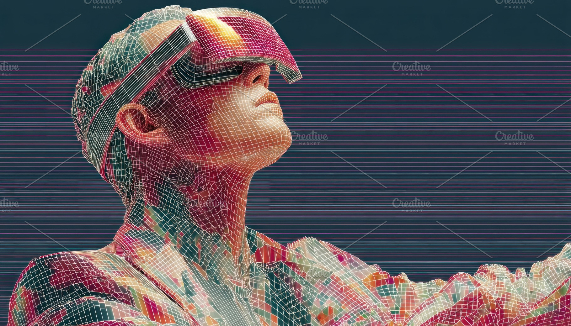 Colorful wireframe person wearing futuristic VR headset looking, an Abstract Photo by José Manuel Gelpi