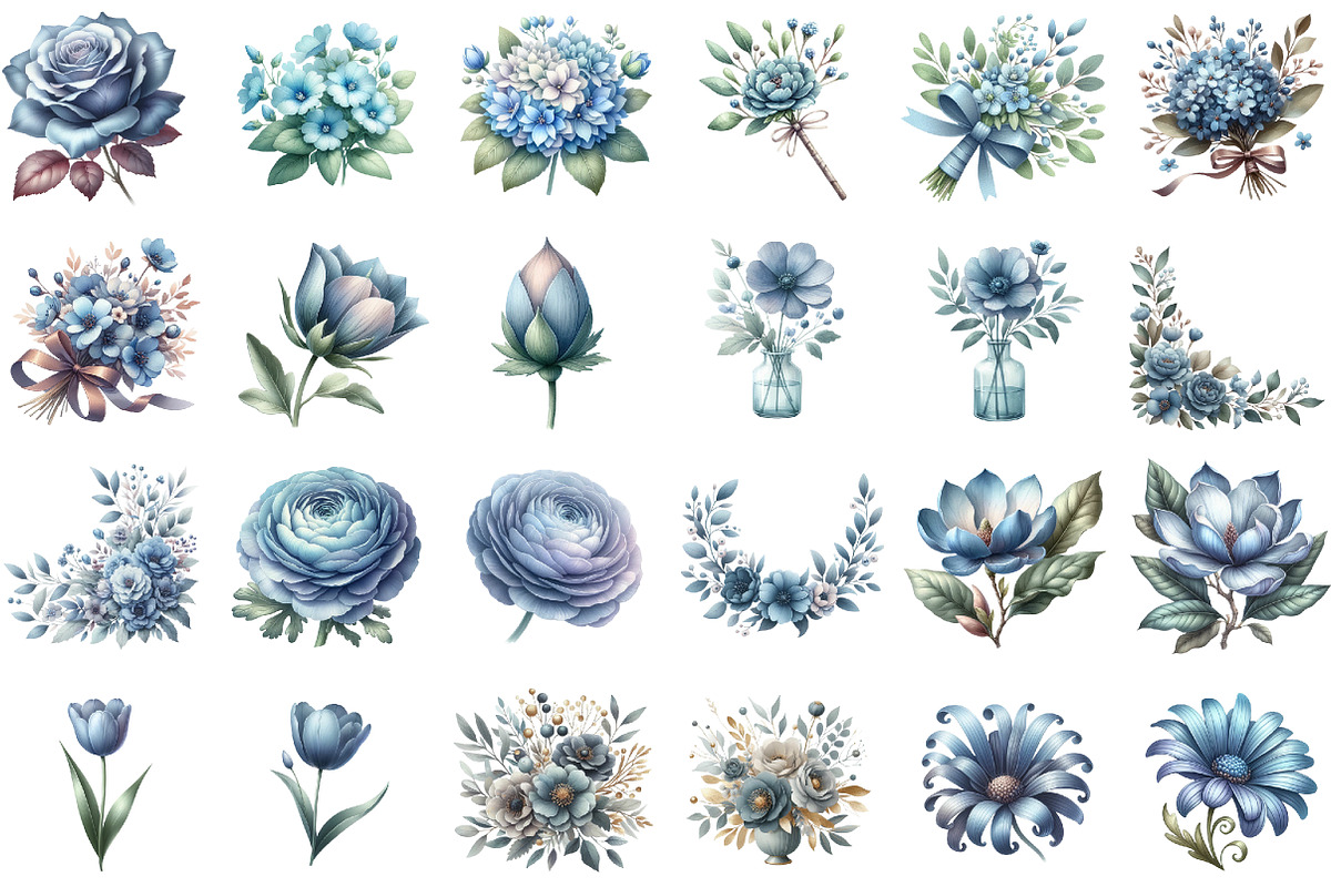 Elegant Dusty Blue Flowers Clipart, an Illustration by Sublimation Artist (Photo 2 of 6)
