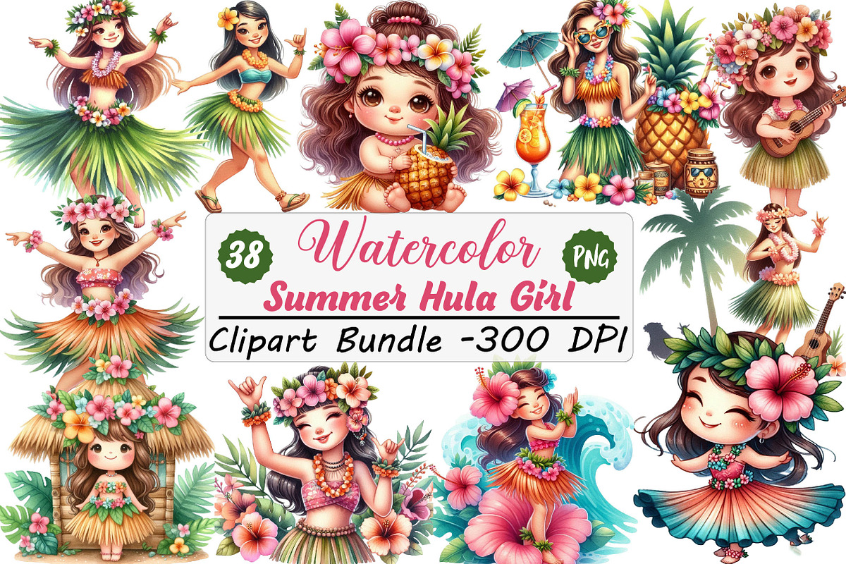 Watercolor Summer Hula Girl Clipart, an Illustration by DreamCafeArt (Photo 1 of 6)