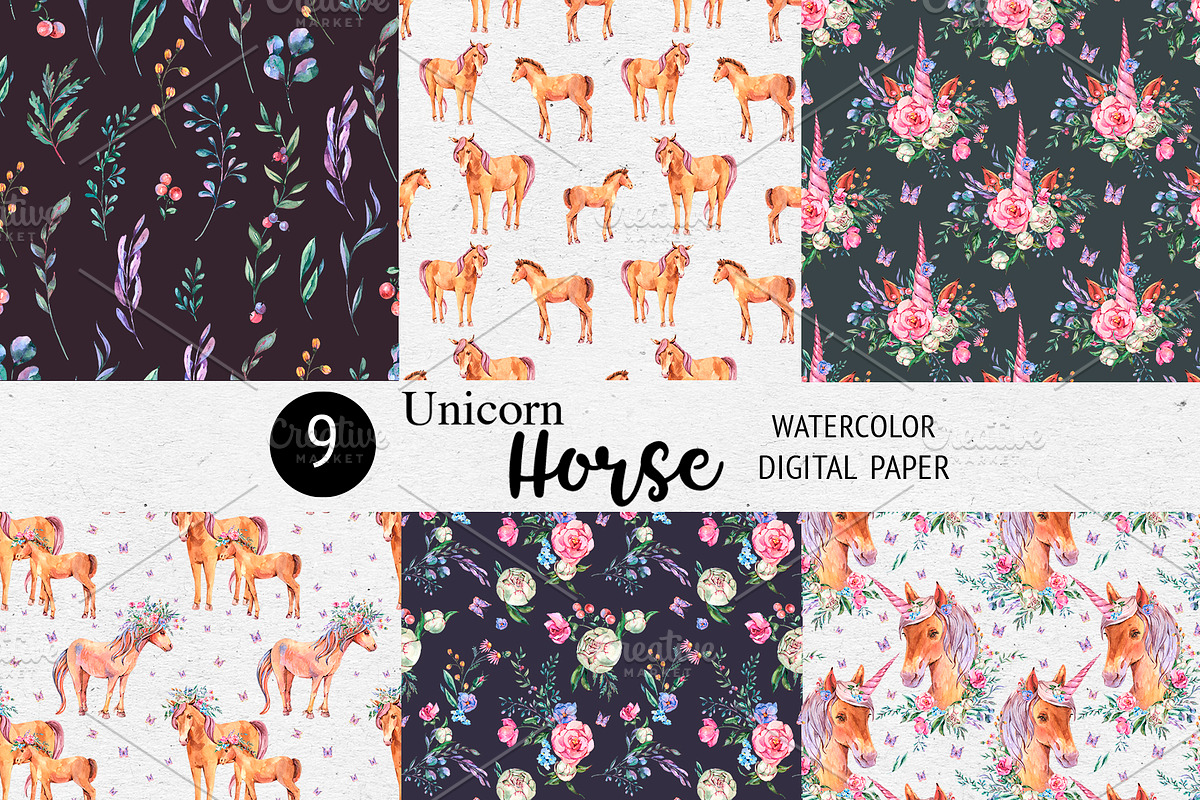 Watercolor Horse Unicorn Clipart, an Animal Illustration by Belusuab (Photo 13 of 18)