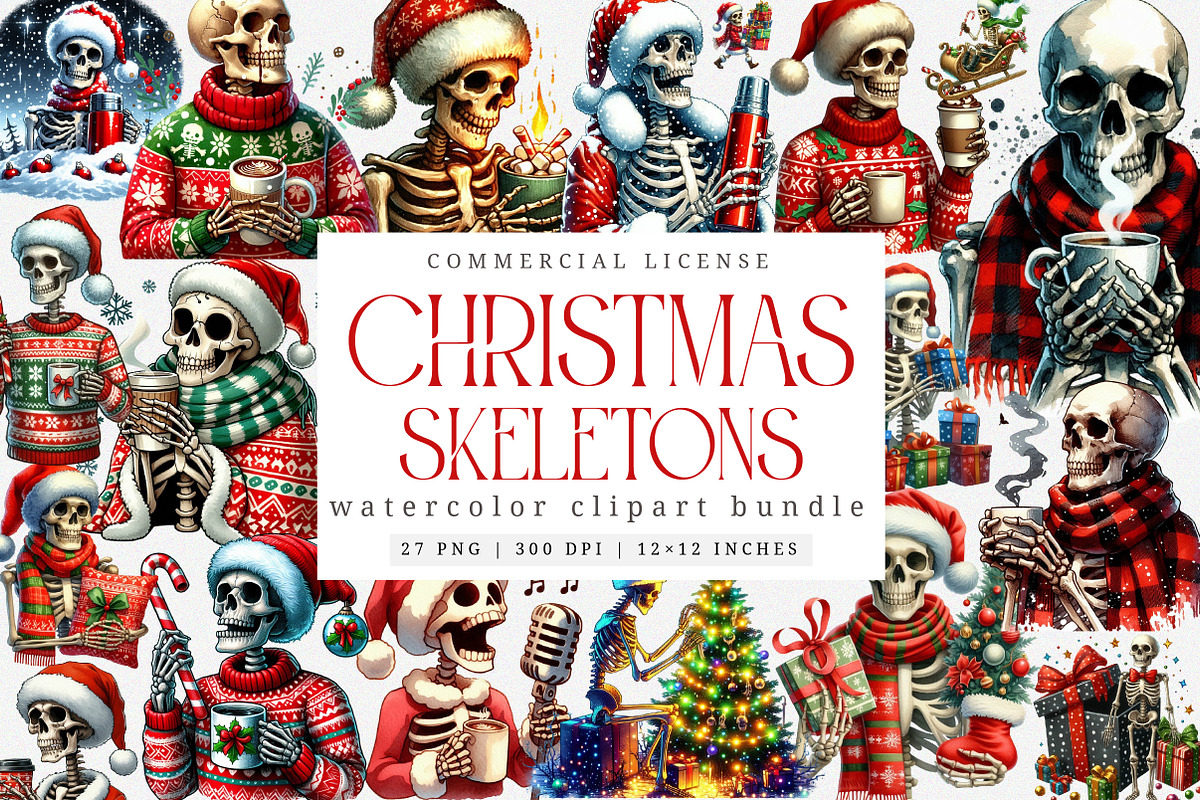 Christmas skeletons clipart bundle, an Illustration by SinaCreation (Photo 1 of 7)