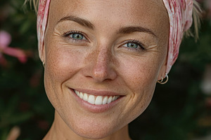Smiling cancer survivor woman wearing pink headscarf in garden, a Person Photo by José Manuel Gelpi