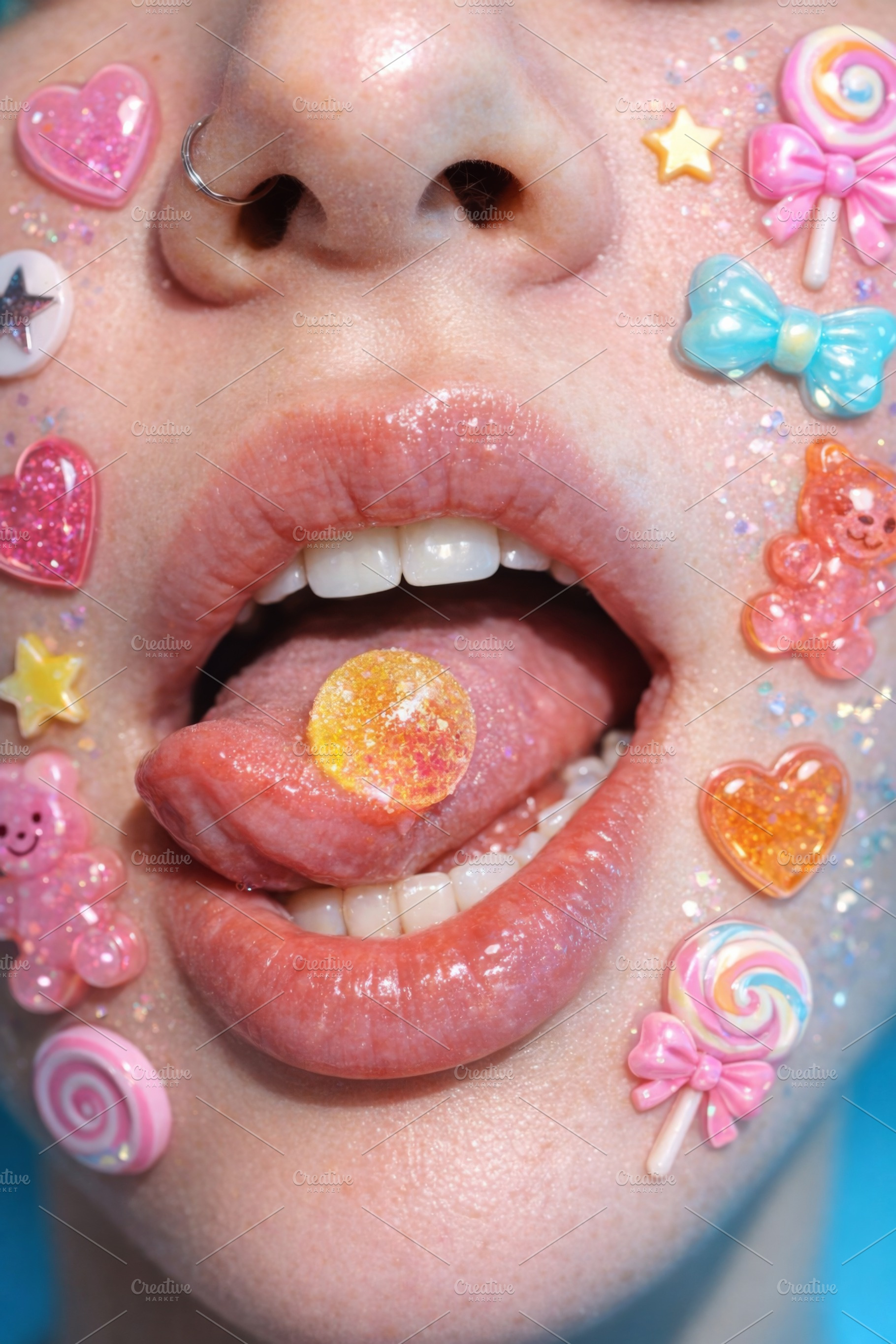 Colorful candy decorations on lips a, a Photo by Dvoevnore photos