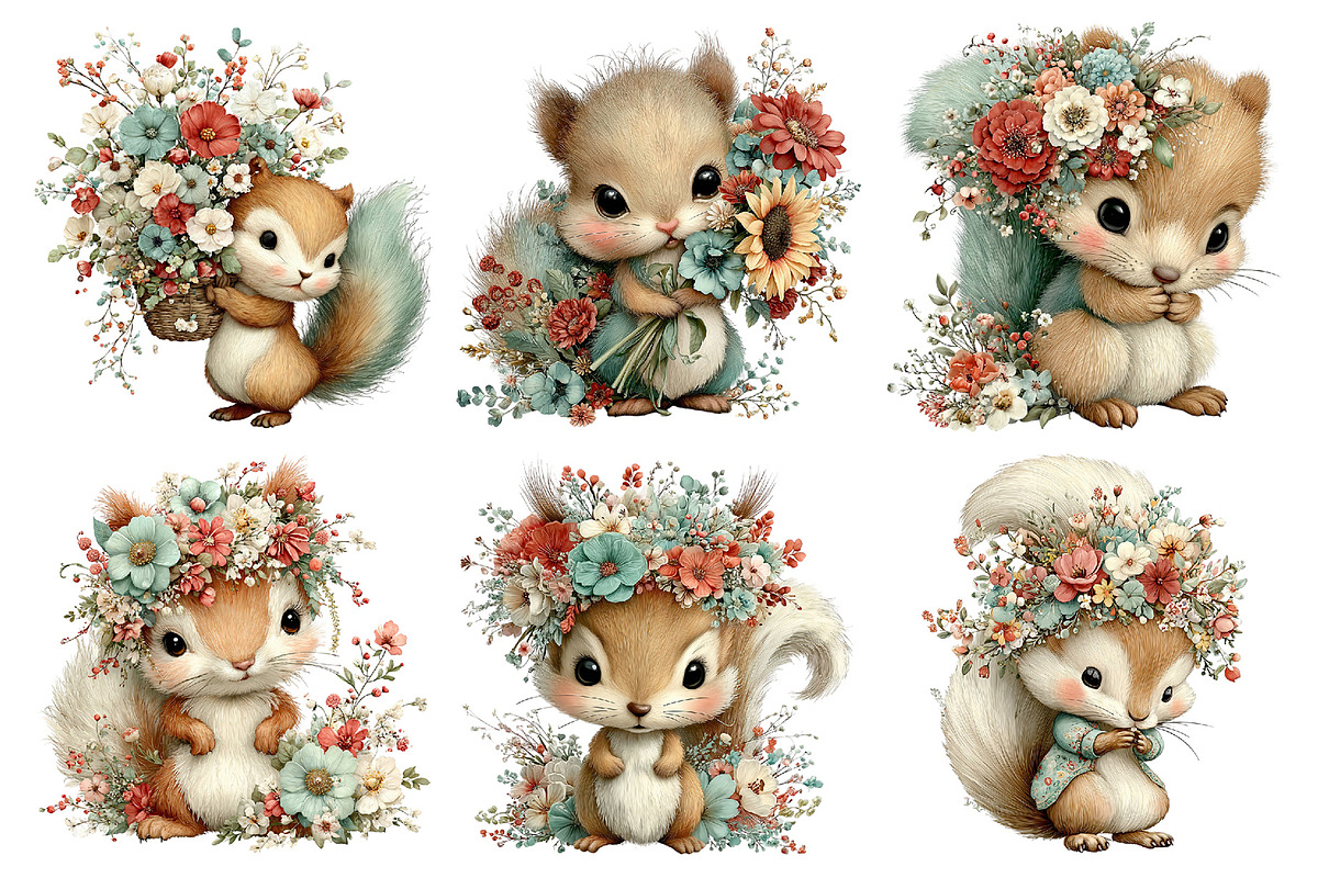 Whimsical Floral Squirrel Clipart, an Illustration by Daily.Designs (Photo 2 of 5)