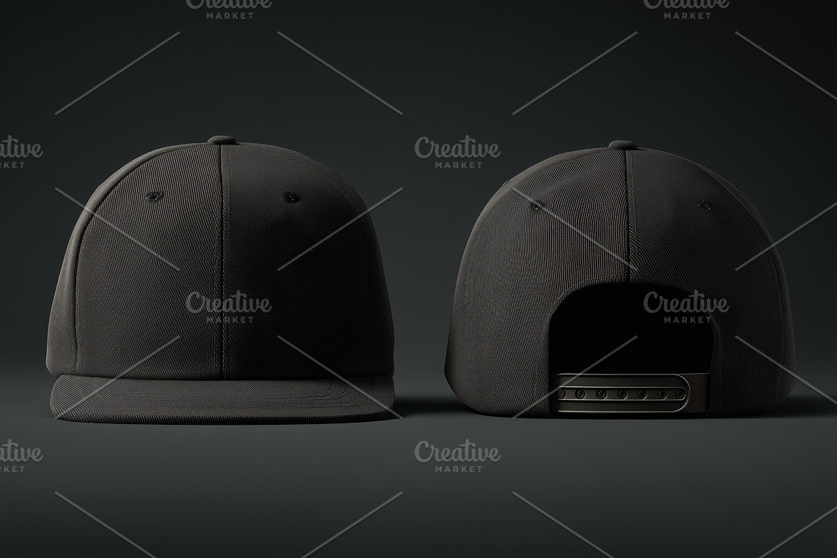A black snapback cap mockup from the front and back on a dark background, a Mask Mockup by Textures & Backgrounds