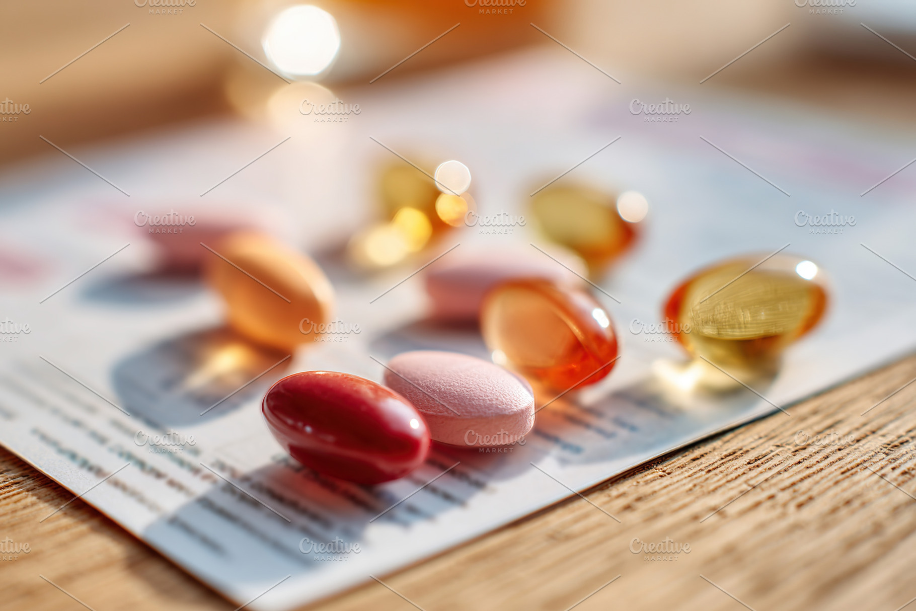Different colored dietary supplements arranged on a label on a wooden surface, a Health & Medical Photo by AlyaAnd