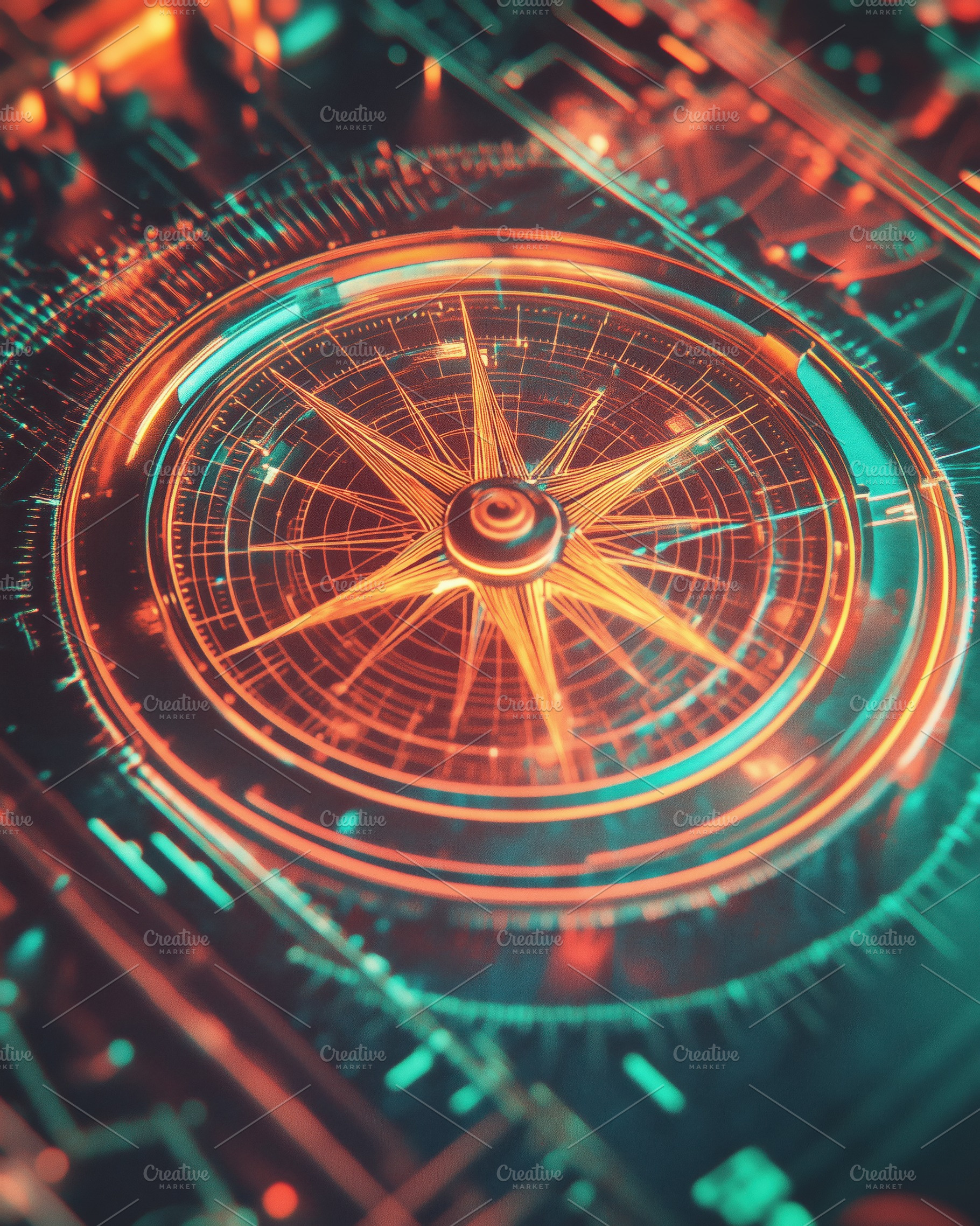 A close-up view of a futuristic compass design with glowing orange and teal ele, an Industrial Photo by Textures & Backgrounds