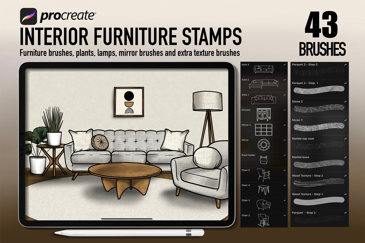 Interior furniture stamps PROCREATE, a Brush Add-On by PDknyStudio
