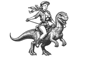 Retro Cowgirl Riding Dinosaur Vector