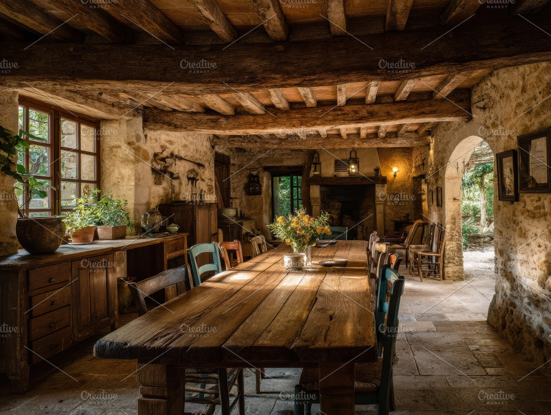 Rustic dining room with wooden table, an Architecture Photo by Virgo Studio
