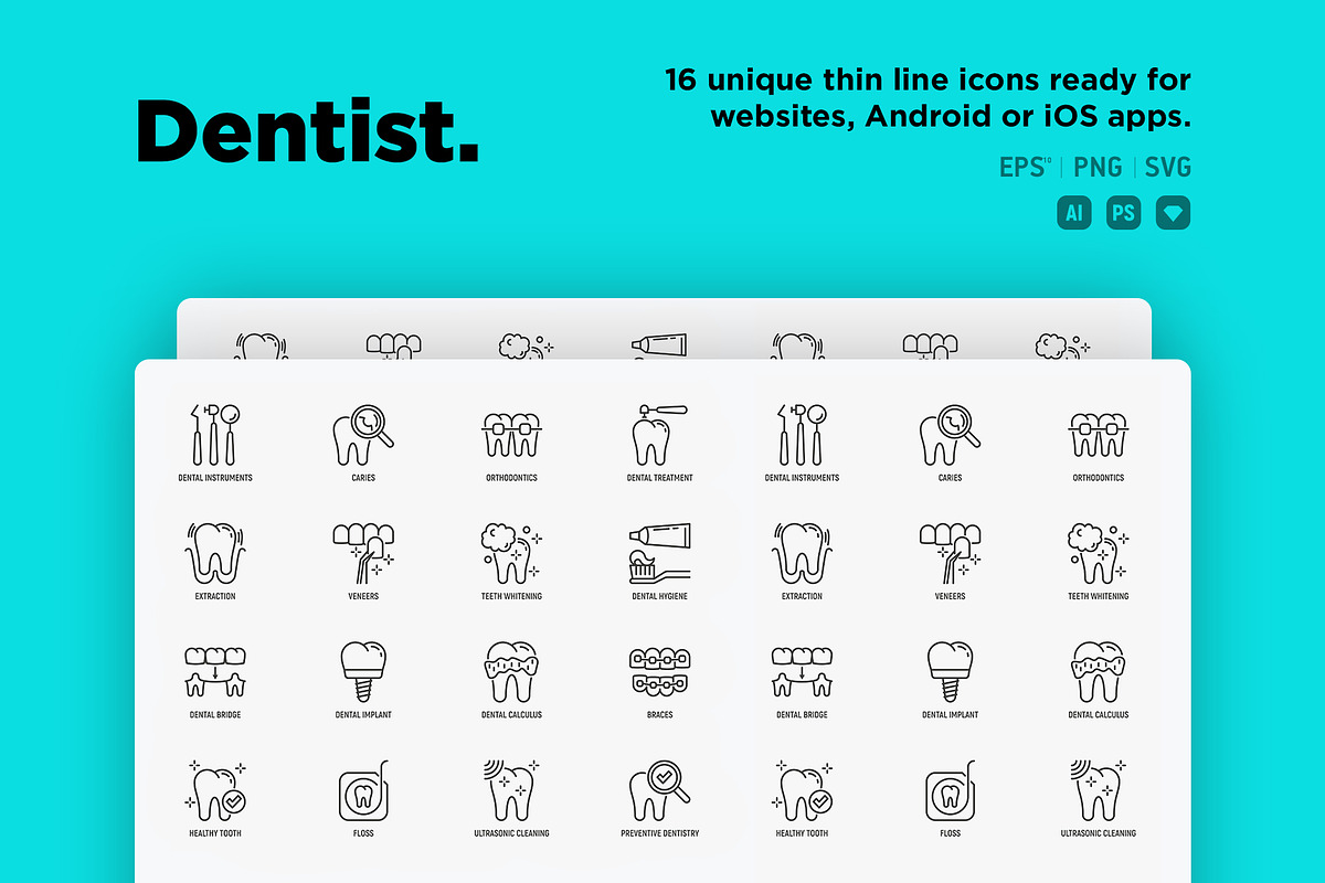 Dentist  | 16 Thin Line Icons Set, an Outline Icon by Alex Blogoodf (Photo 2 of 15)