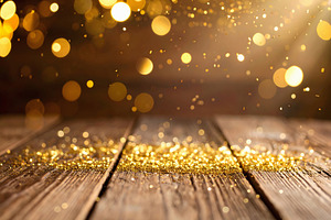Golden sparkles scattered across wooden table in festive light, a Holiday Photo by GoodGoods