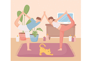couple making yoga at home, a Sport Illustration by studiogstock