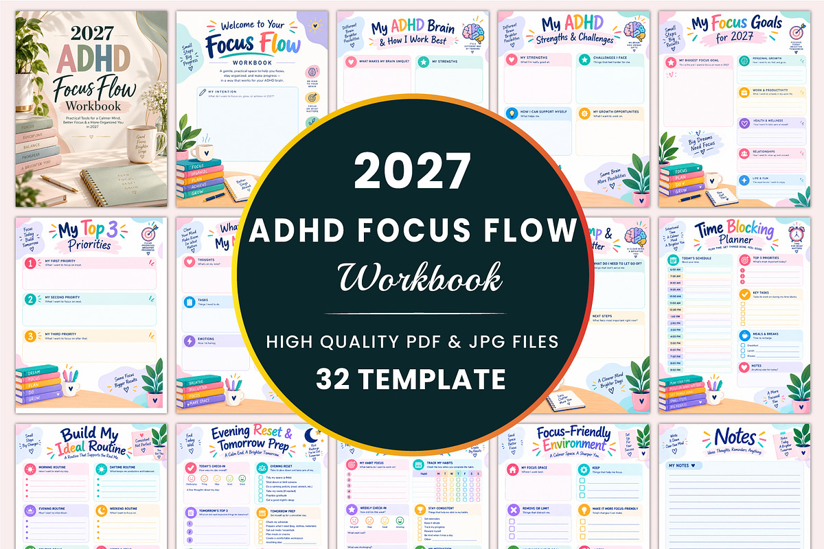2027 ADHD Focus Flow Workbook, a Stationery Template by Shumaya (Photo 1 of 4)