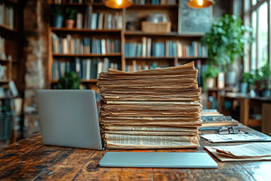 Stacked antique papers beside a mode, a Photo by Tanuart
