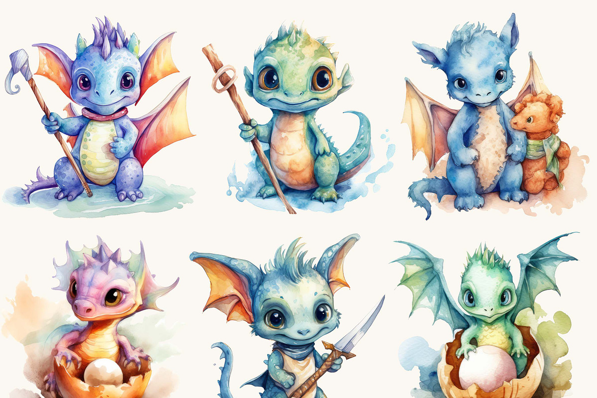 Watercolor Baby Dragon Clipart, an Animal Illustration by BusyDaydesign (Photo 5 of 9)
