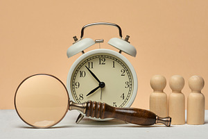 White vintage alarm clock, magnifying glass and three wooden hum, a Business Photo by ndanko