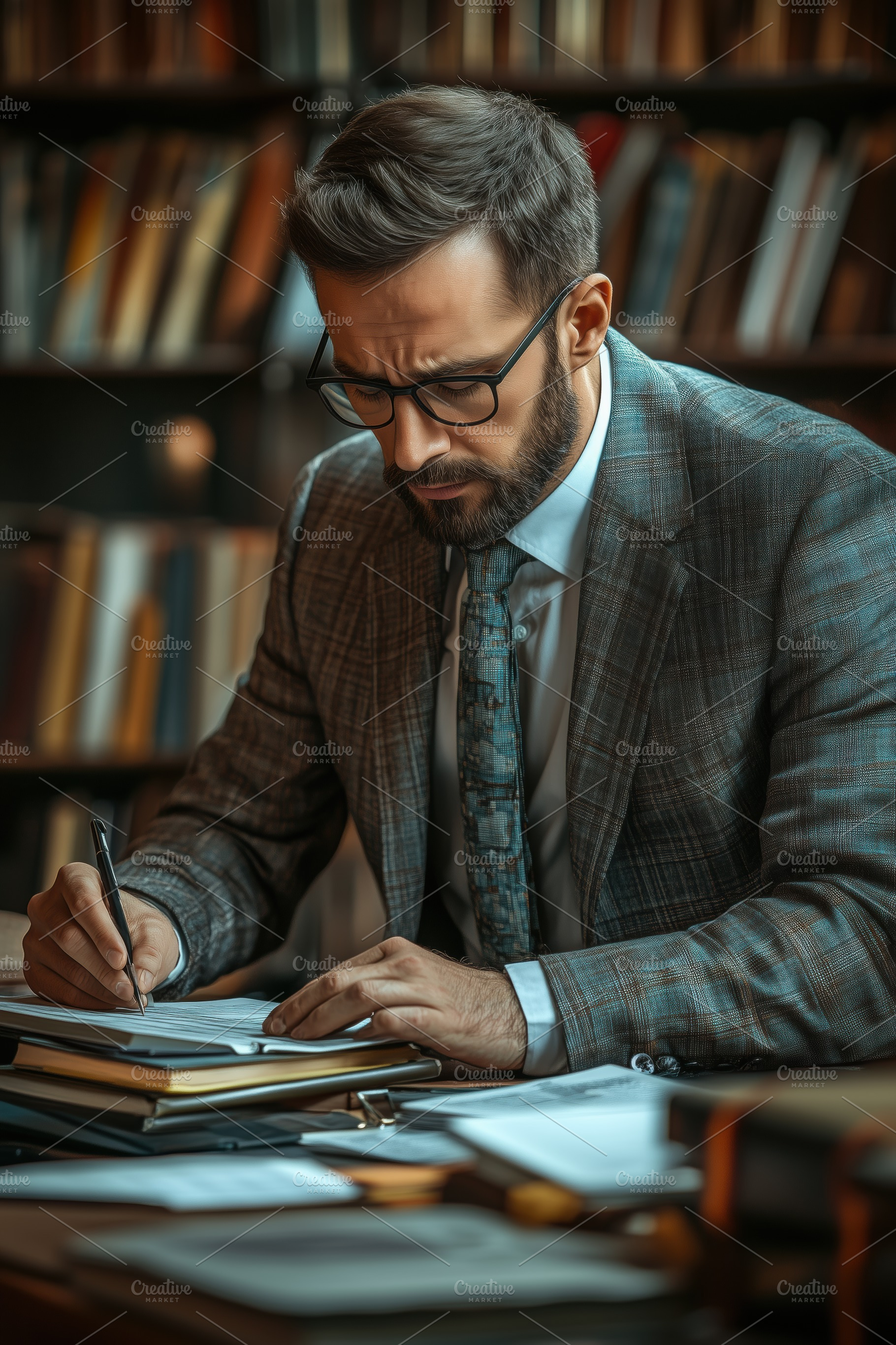 A focused accountant man in a suit writing in a notebook at a desk surrounded b, a Person Photo by Textures & Backgrounds