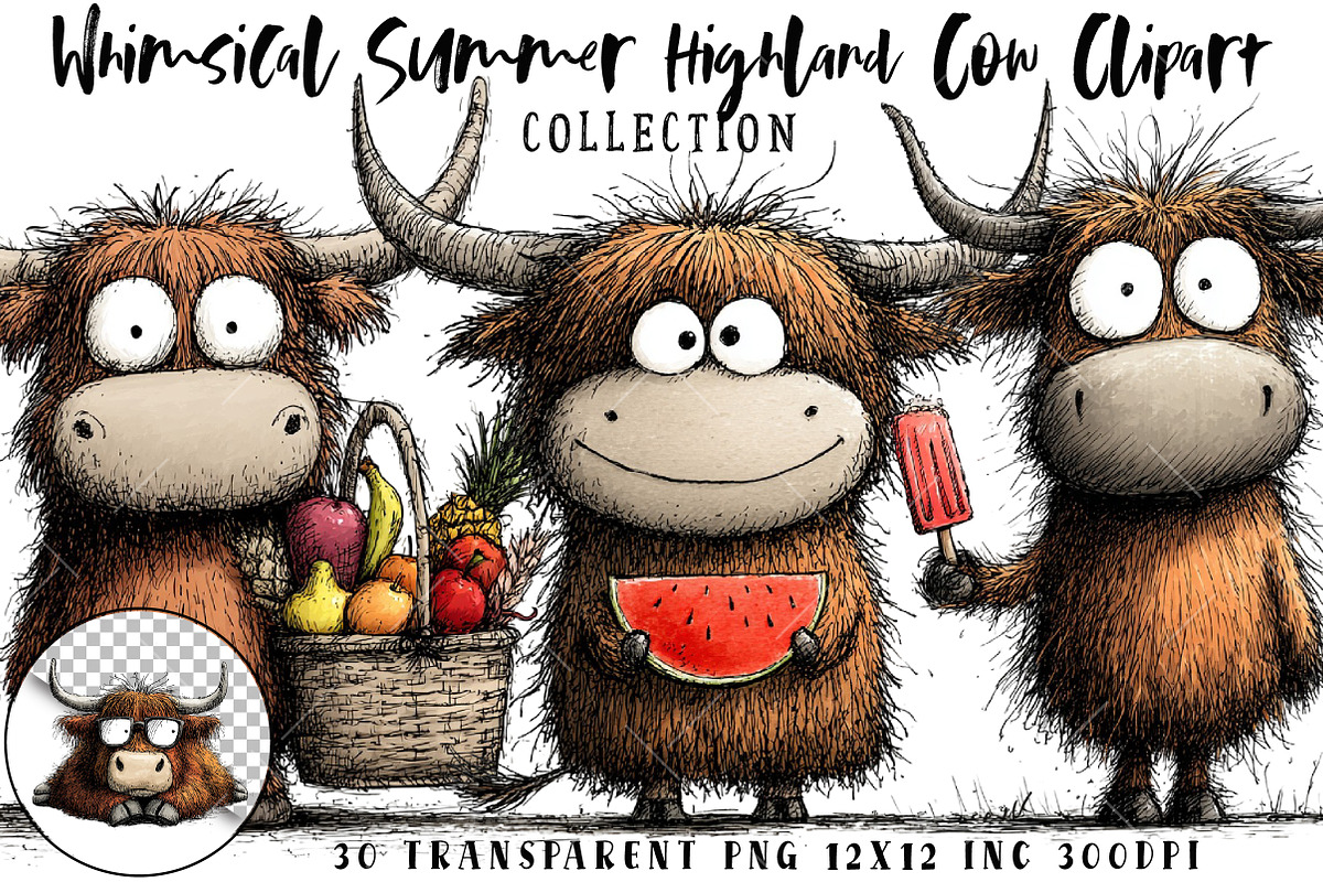 Whimsical Summer Highland Cow Clipar, an Illustration by OK Design (Photo 1 of 6)