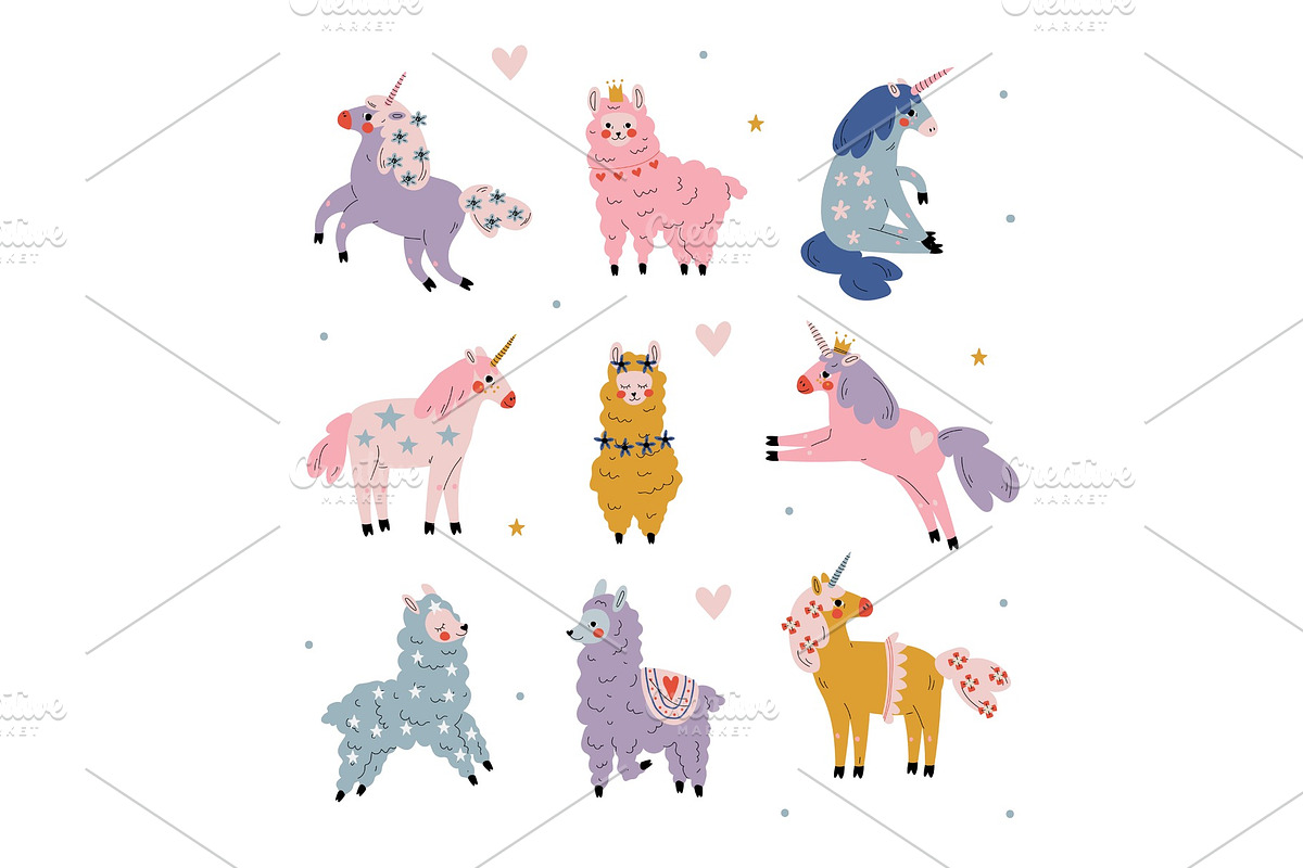 Cute Llamas and Unicorns Set, an Animal Illustration by TopVectors