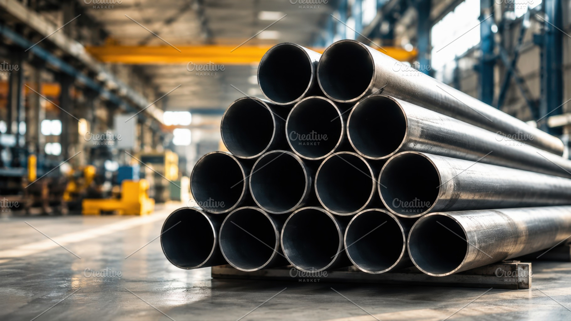 Steel pipes stacked in a warehouse, a Photo by Beautiful things