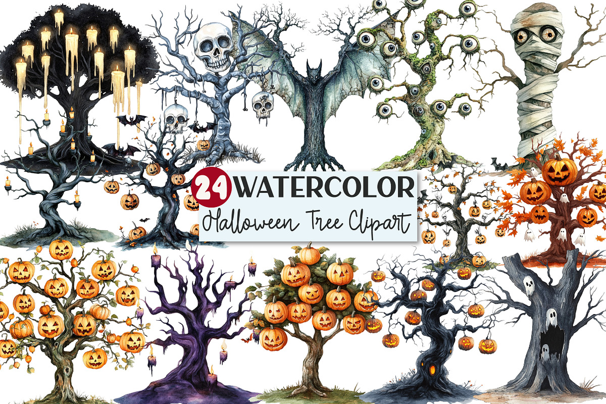 Watercolor Halloween Tree Clipart, an Illustration by Rose Art (Photo 1 of 7)