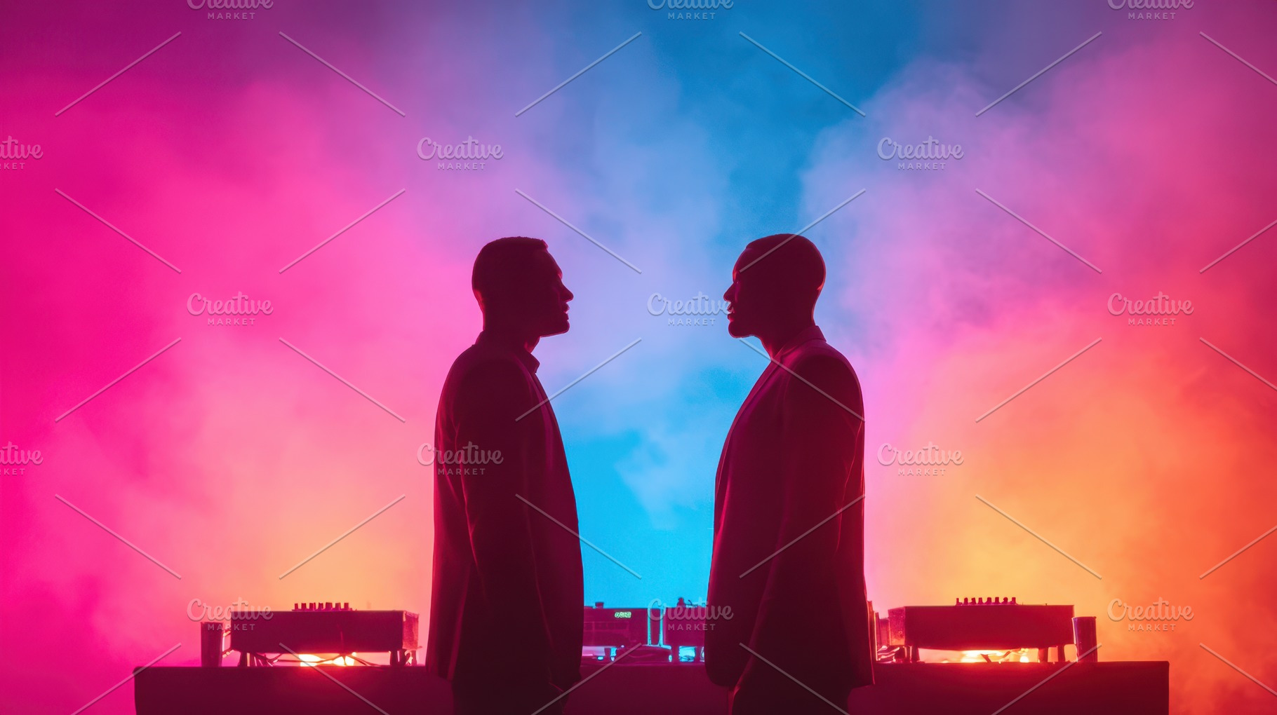 Silhouettes of two DJs in colorful smoke, a Person Photo by AlyaAnd