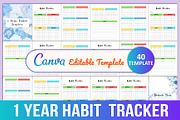 Editable 1 Year Habit Tracker, a Stationery Template by Designmela01 (Thumbnail 1 of 4)