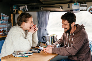 Couple relaxing in a camper van stock photo containing outdoor and sport