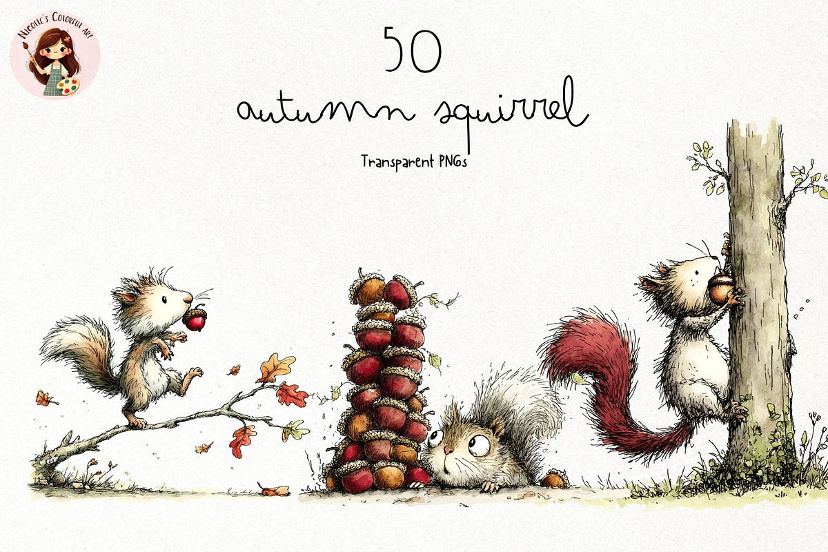 Whimsical Autumn Squirrel Clipart, a Seasonal Illustration by Nicolle's Colorful Art (Photo 1 of 4)